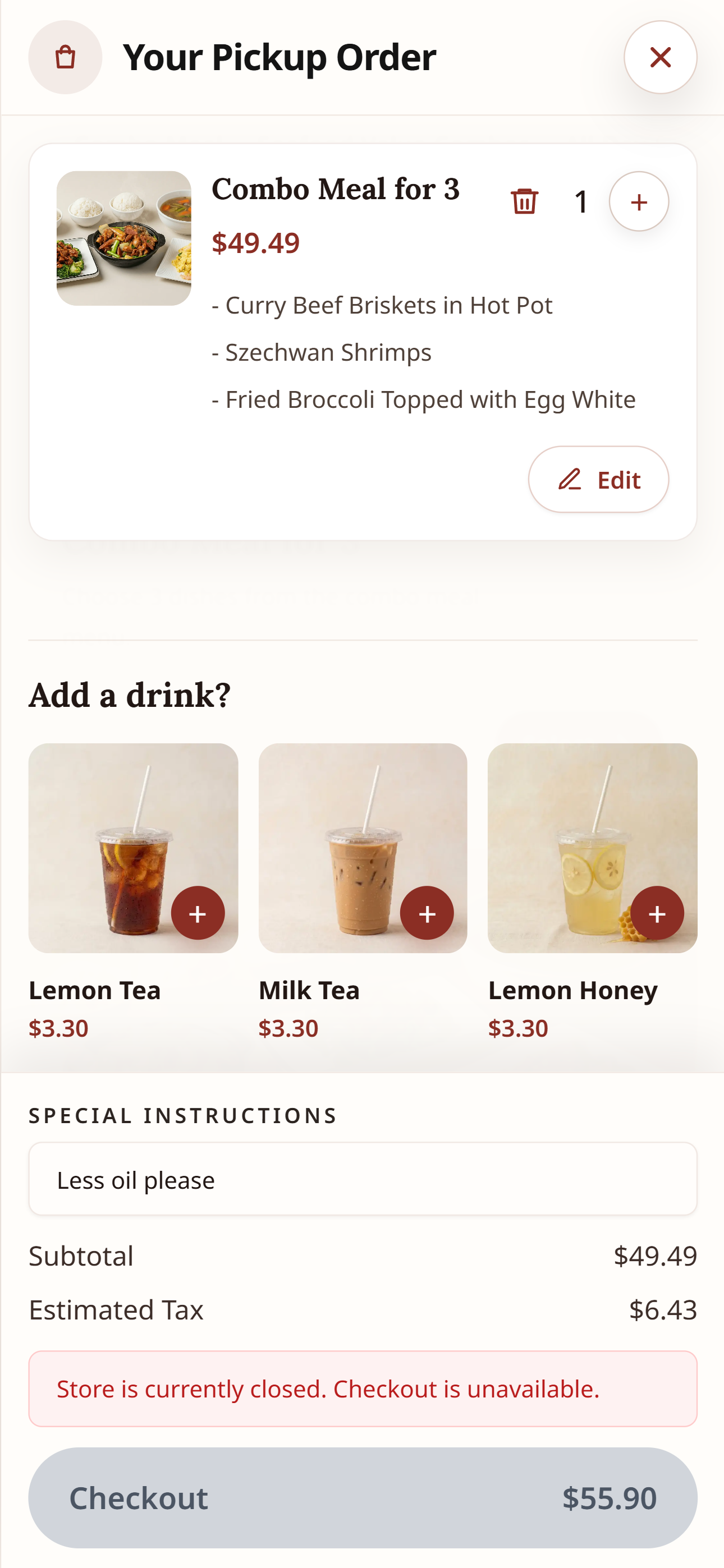 Hong Far Cafe mobile cart customization screen